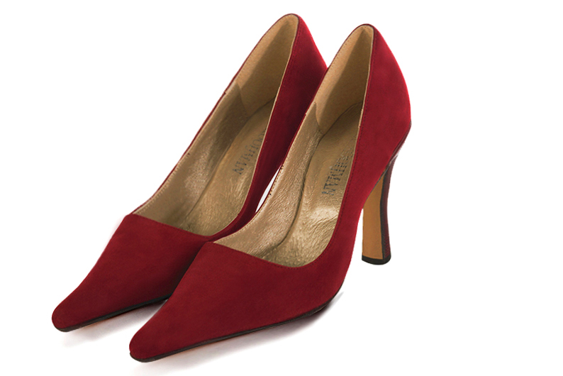 Burgundy red women's dress pumps,with a square neckline. Pointed toe. Very high spool heels. Front view - Florence KOOIJMAN